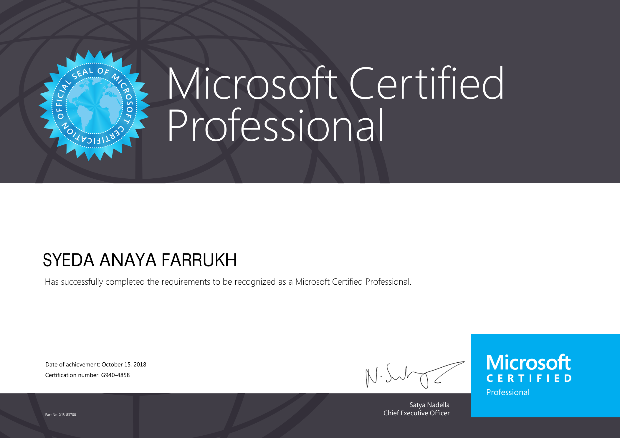 Microsoft Certified Professional certificate awarded to Syeda Anaya Farrukh on 15 October 2018, certification number G940-4858, signed by Microsoft CEO Satya Nadella.